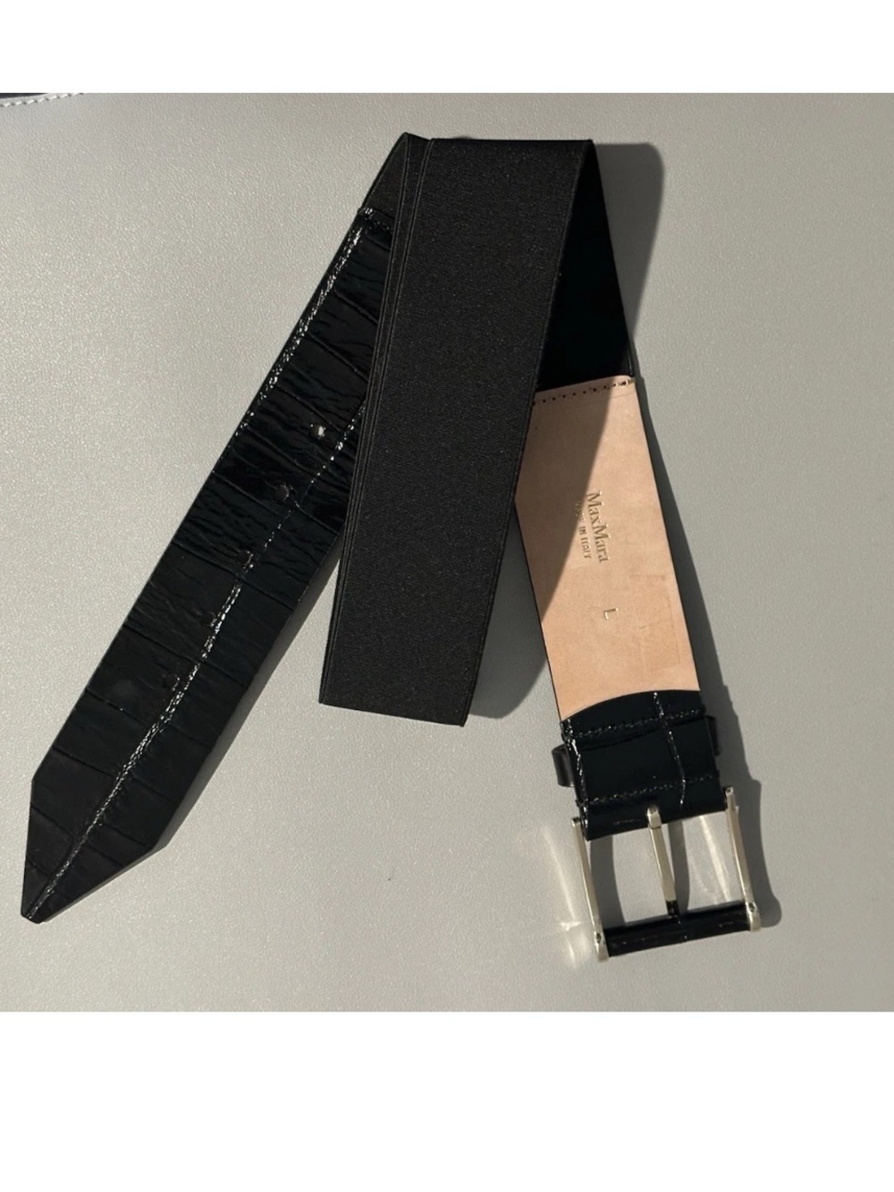Max Mara Black Croc Embossed Leather Wide Elastic Stretch Waist Belt Size L